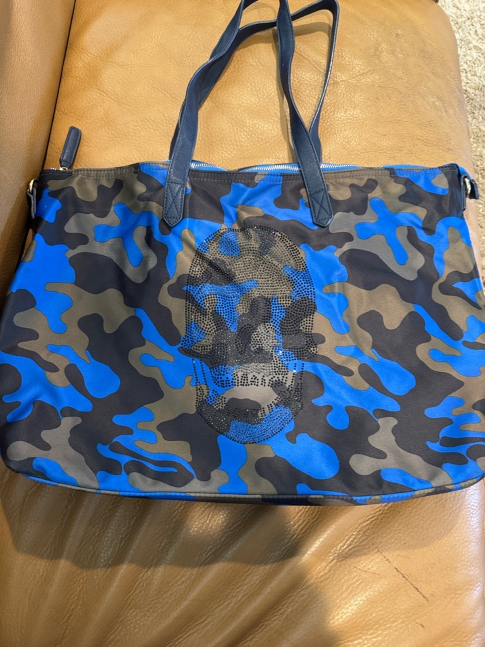 Blue Camouflage Tote with Rhinestone Skull Accent